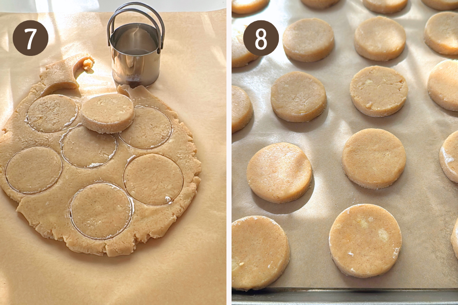 Cookie dough cut into rounds and placed on a parchment-lined baking sheet, ready to bake.