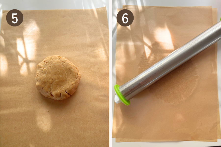 Dough ball pressed together and rolled out between sheets of parchment paper.