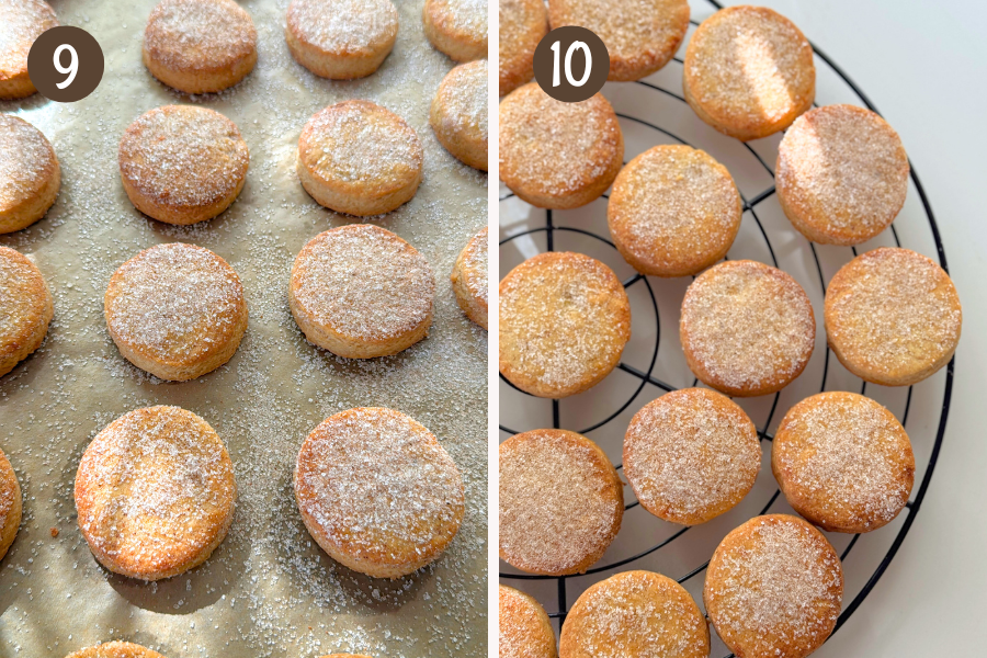 Baked cookies sprinkled with cinnamon sugar and cooling on a wire rack.