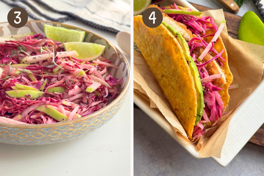 Mixed apple slaw in a bowl on one side, and a crispy taco shell filled with chicken, slaw, and avocado on the other.