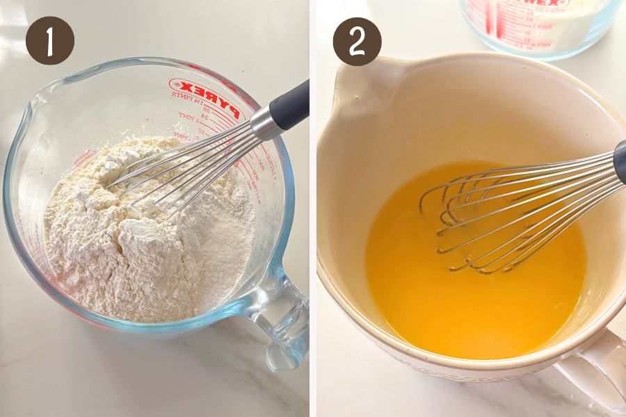 Whisking dry ingredients in a glass bowl (flour, baking powder, salt) and whisking melted butter with sugar and eggs in a large mixing bowl.