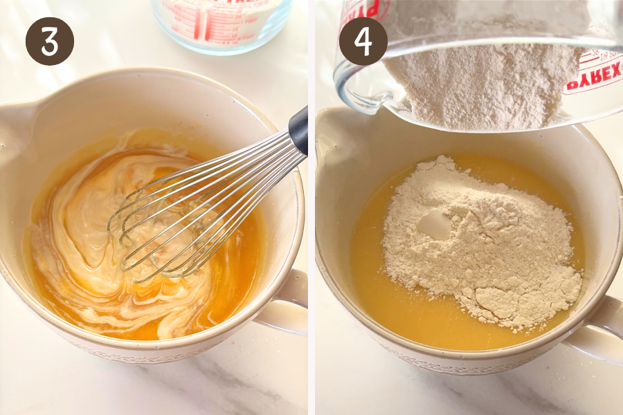 Whisking sour cream and vanilla into the butter mixture, then adding the flour mixture to the wet ingredients.