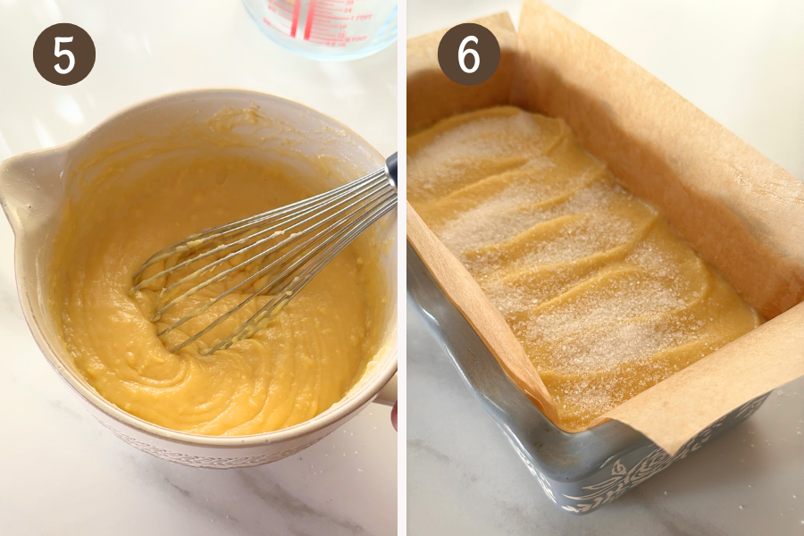 Whisking cake batter until just combined, then smoothing it in a loaf pan with sugar sprinkled on top before baking.