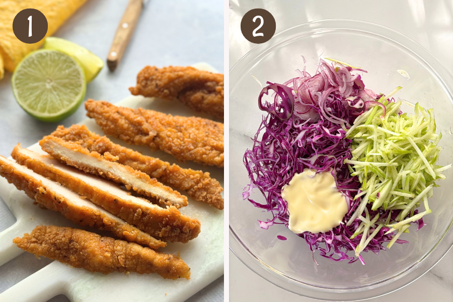 Sliced air-fried chicken tenders with lime and taco shells on one side, and a bowl of shredded cabbage, apple, onion, and mayo on the other.