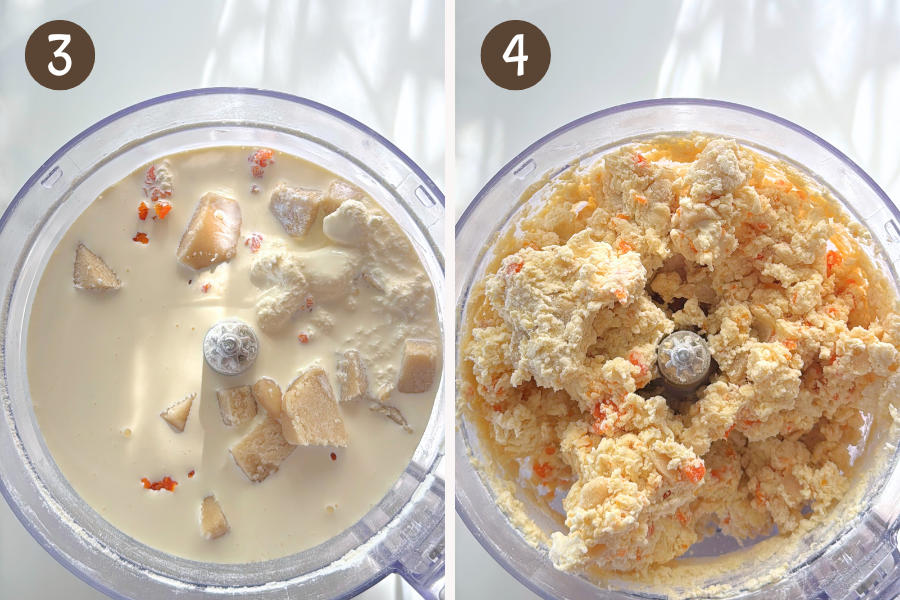 Cream poured into the food processor, followed by a shaggy dough mixture after pulsing