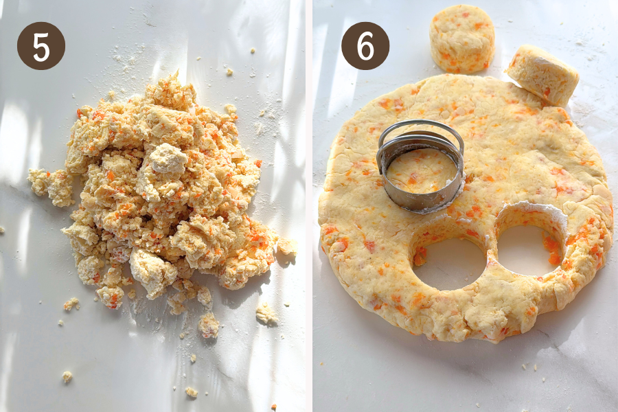 Shaggy dough turned onto a floured surface and cut with a round cookie cutter