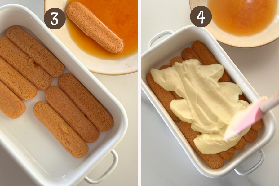 Dipping ladyfingers into lemon juice mixture and layering in a white dish