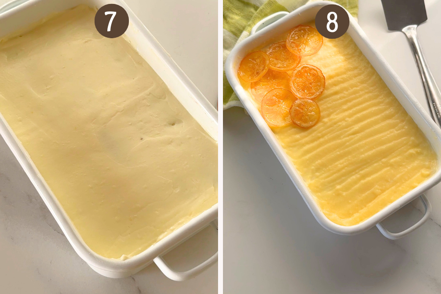 Smoothed top layer of lemon cream and optional topping of lemon curd and candied lemon slices