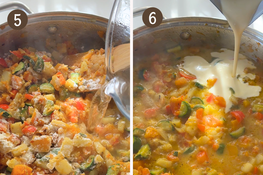 Water and cream added to flour-coated vegetables, creating a smooth and rich sauce in the same pan.