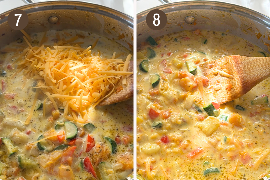 Cheese stirred into the hot pan, melting into a creamy vegetable mixture with a thick, luscious texture