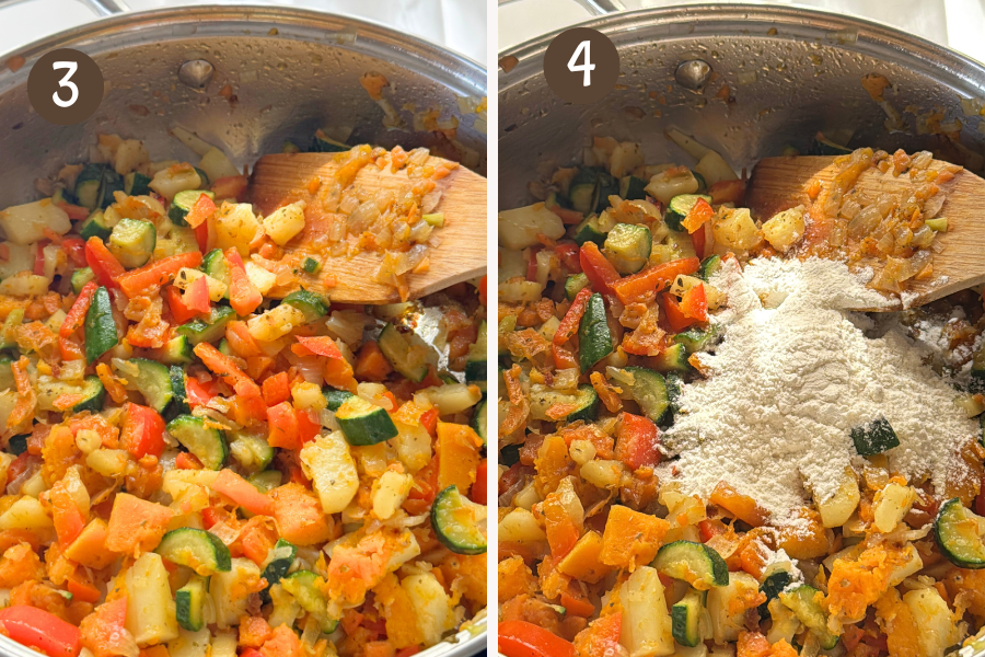 Chopped vegetables sautéed in butter and oil, then coated with flour to start the base of the creamy casserole