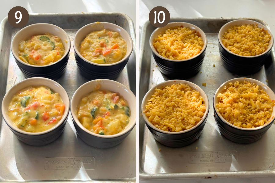 Vegetable mixture spooned into ramekins and sprinkled with cheesy crumb topping, ready to bake until golden and crisp.