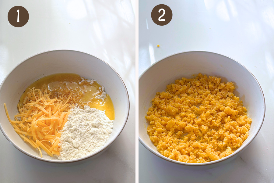 Breadcrumbs, flour, cheese, and herbs mixed in a bowl, then crumbled by hand into a coarse topping for the vegetable casserole