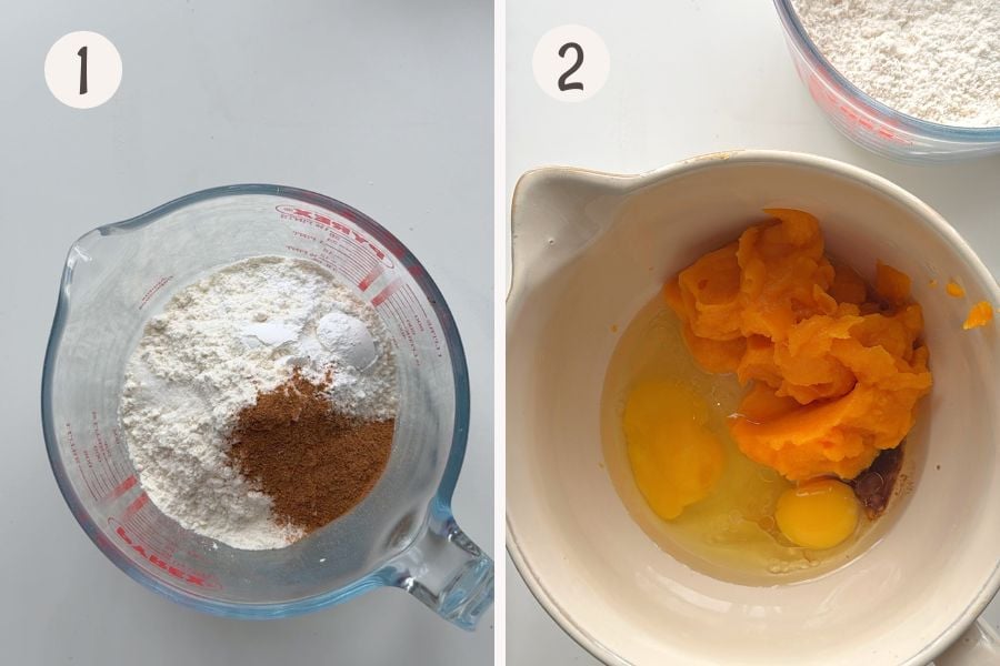Flour mixture and pumpkin mixture for pumpkin cake: flour, baking powder, salt, and pumpkin spice in one bowl. pumpkin purée, eggs, sugar, oil, and vanilla in another.
