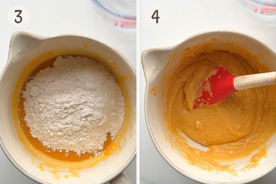 Making pumpkin cake batter, the flour mixture added to the pumpkin mixture and stirred until smooth in a white mixing bowl.