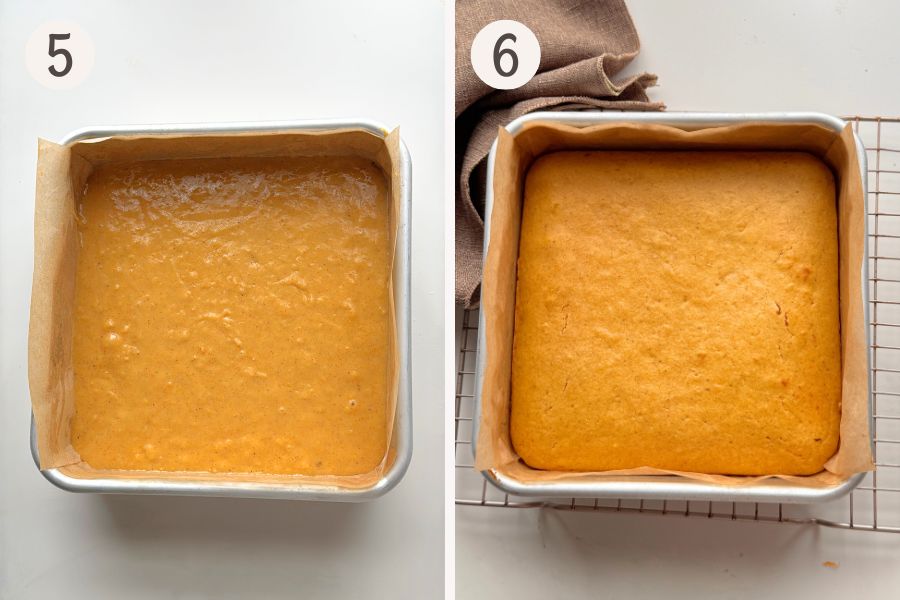 Pumpkin cake batter spread in a parchment-lined square pan before baking, then baked to a light golden top.