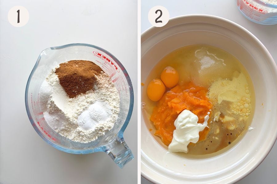 Mixing dry ingredients with pumpkin spice in a jug, combining wet ingredients in a bowl, then whisking until smooth.