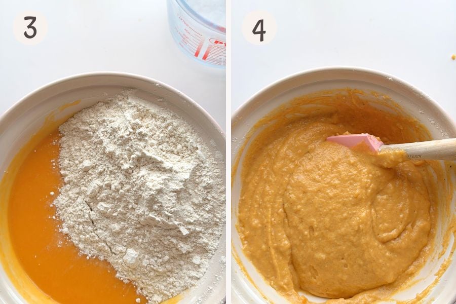 Adding dry ingredients to the pumpkin mixture and folding into a smooth, thick batter.