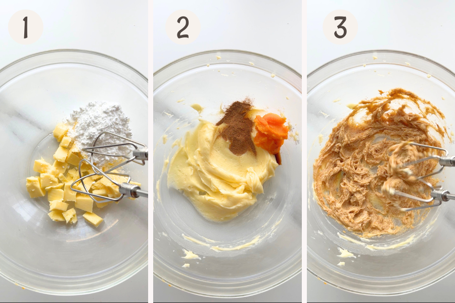 Mixing butter, sugar, pumpkin purée, and spice for cookie dough.