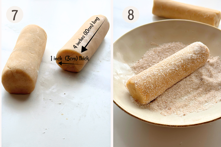 Rolling pumpkin butter cookie dough into logs and coating in sugar.