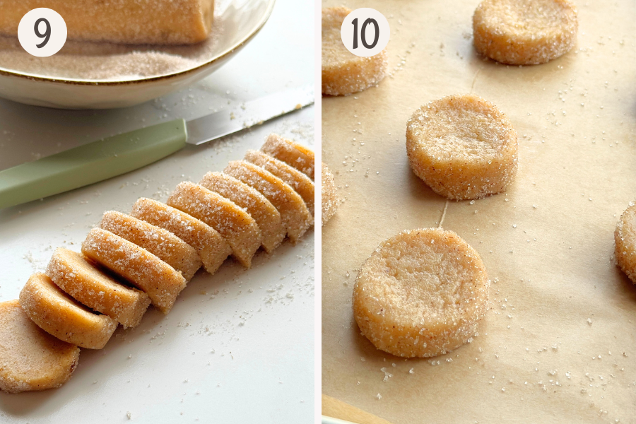 Slicing and arranging 15 mm (½-inch) sugar-coated pumpkin butter cookie rounds on a baking tray.
