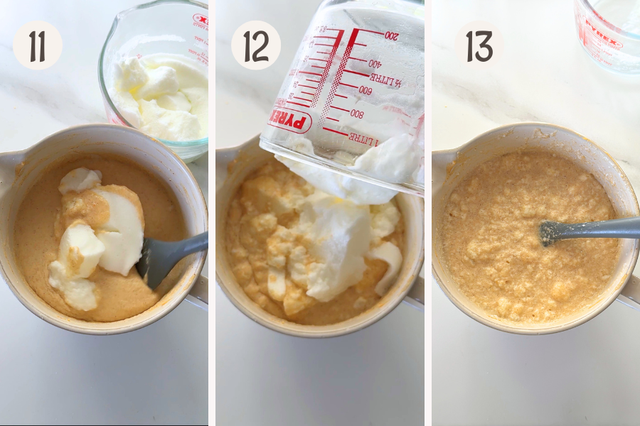 Folding whipped egg whites into pumpkin custard cake batter