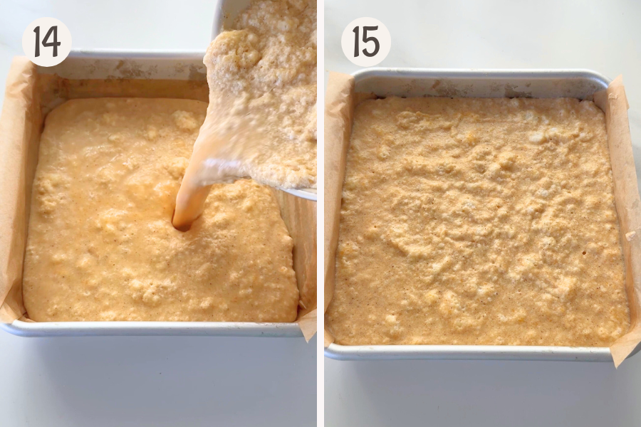 Pouring pumpkin custard cake batter into lined pan, ready to bake