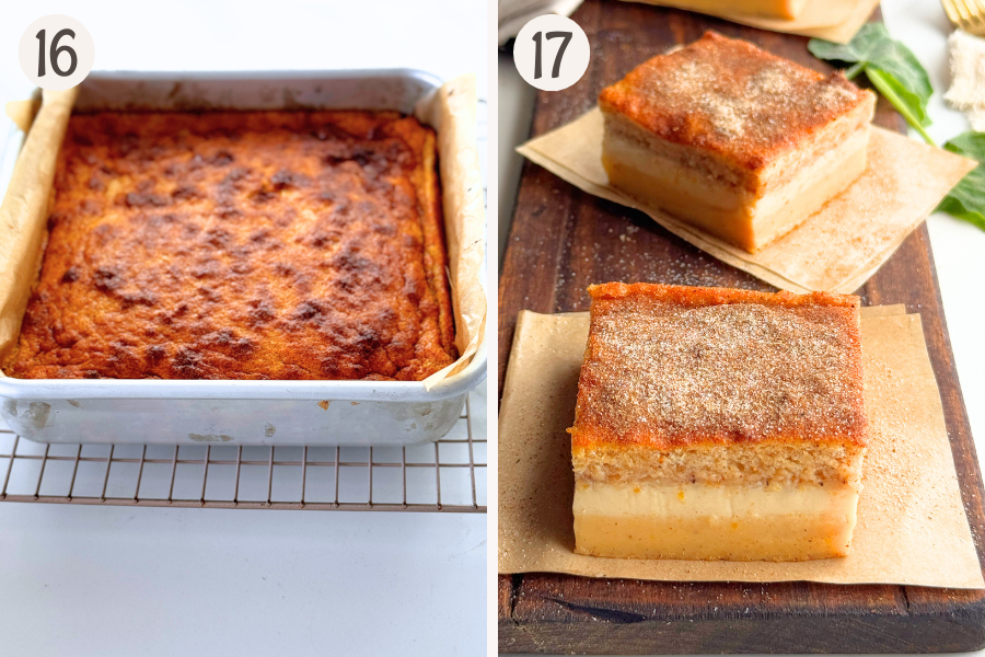 Baked Pumpkin Custard Cake in pan and sliced to reveal three distinct layers