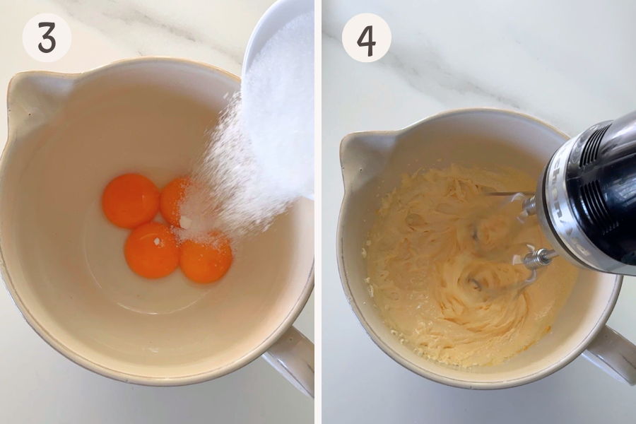 Beating egg yolks and sugar until pale and thick for Pumpkin Custard Cake batter