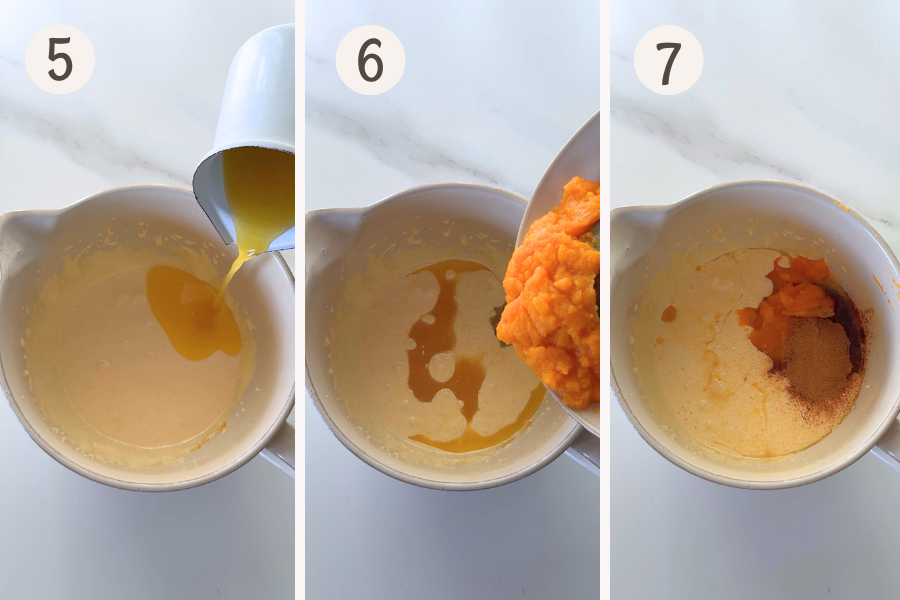 Mixing melted butter, pumpkin purée, and spices into egg yolk mixture