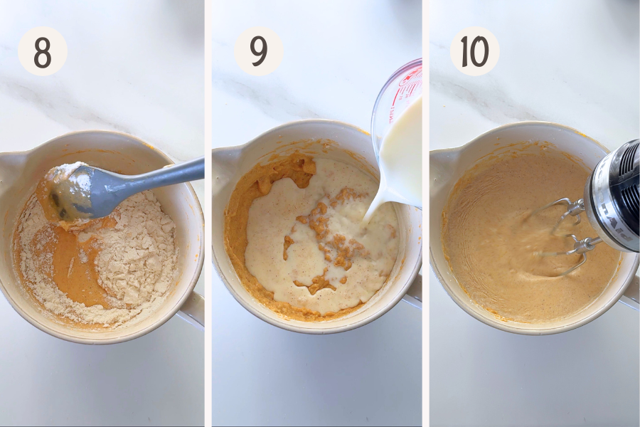 Mixing flour and milk into pumpkin cake batter until thin and smooth