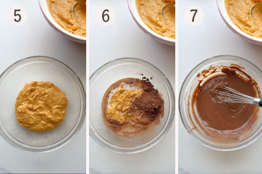 Portion of pumpkin batter in a bowl with cocoa powder and milk being whisked to make the chocolate layer.