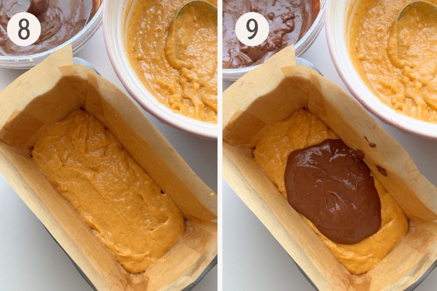 Lining the loaf pan with parchment and adding the first pumpkin layer followed by a spoonful of chocolate batter.