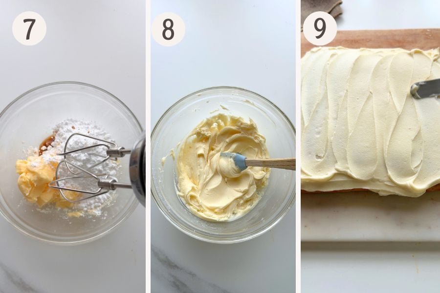 Making buttercream frosting, butter, powdered sugar, and vanilla beaten together until creamy, then spread smoothly over the cooled pumpkin cake.