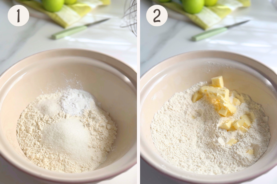 Mixing flour, sugar, baking powder, and salt, then cutting in cold butter to start the dough for no yeast apple cinnamon rolls