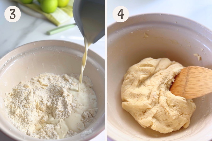 Pouring milk into the flour mixture and stirring until a soft dough forms for quick apple cinnamon rolls
