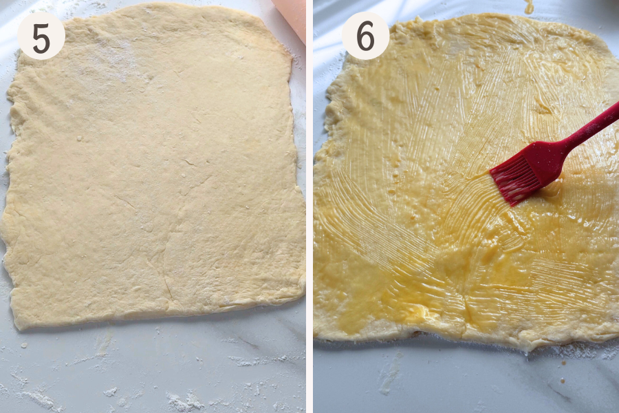 Rolled dough into a rectangle, then brushing the surface with melted butter and vanilla for apple cinnamon roll filling