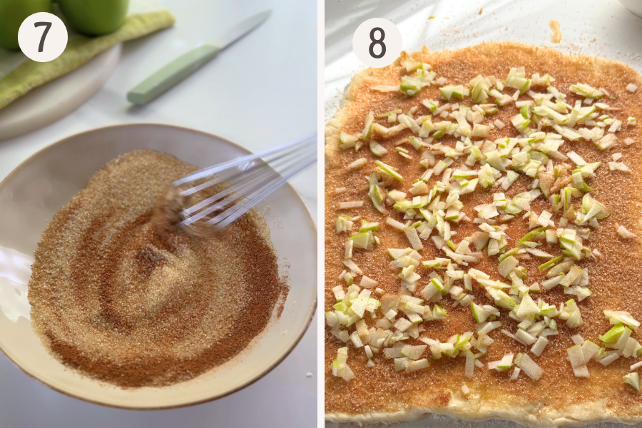 Whisking brown sugar and cinnamon together, then sprinkling over buttered dough and topping with finely diced apple pieces