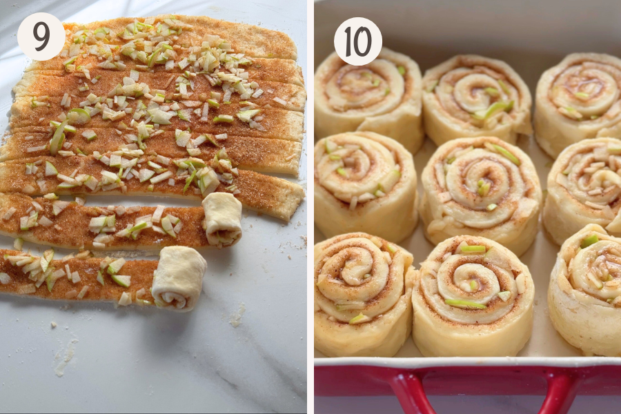 Cutting dough into strips, rolling up each strip into spirals, and arranging apple cinnamon rolls in a baking dish