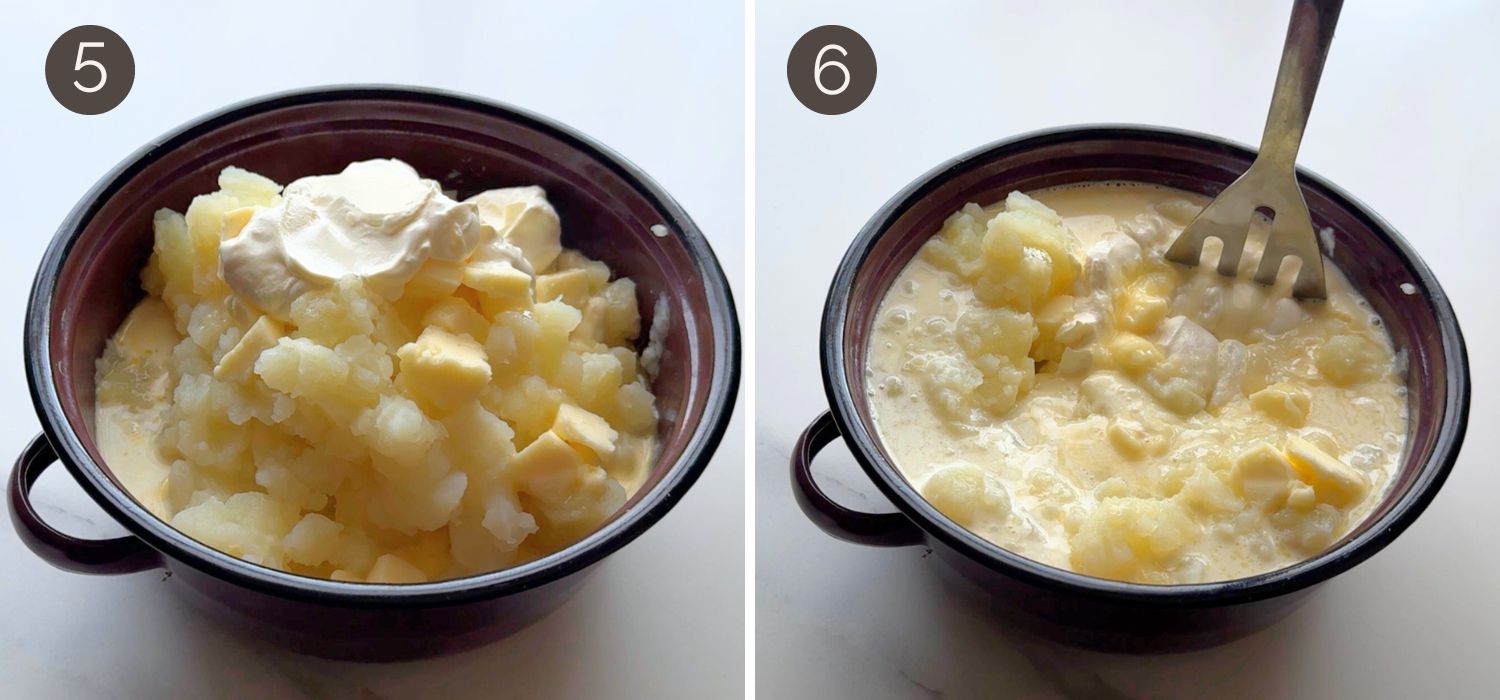 Hot cooked potatoes with butter, sour cream, and half-and-half added on top, beginning to be mashed together.