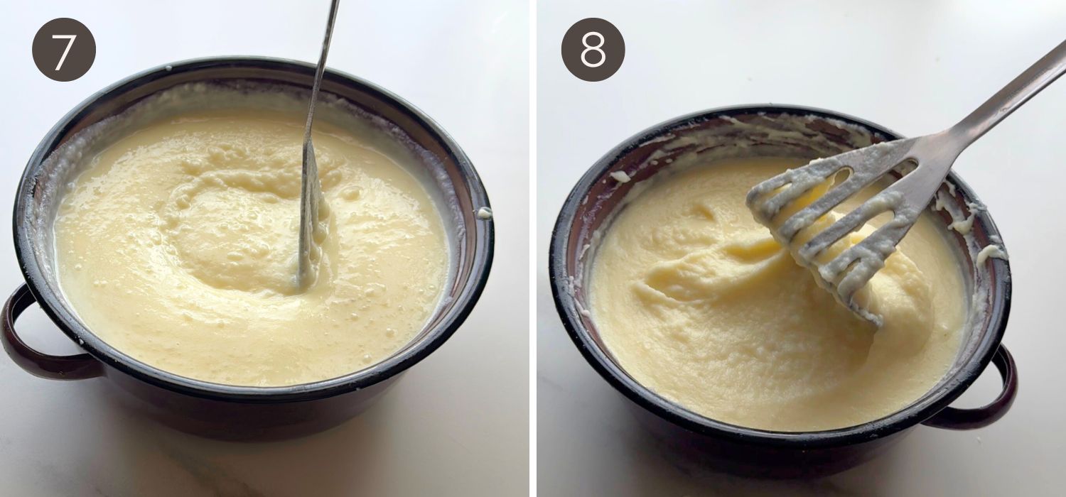 Mashed potatoes at the thin, very soft stage before thickening, then mash becoming creamy and stable as it’s worked.