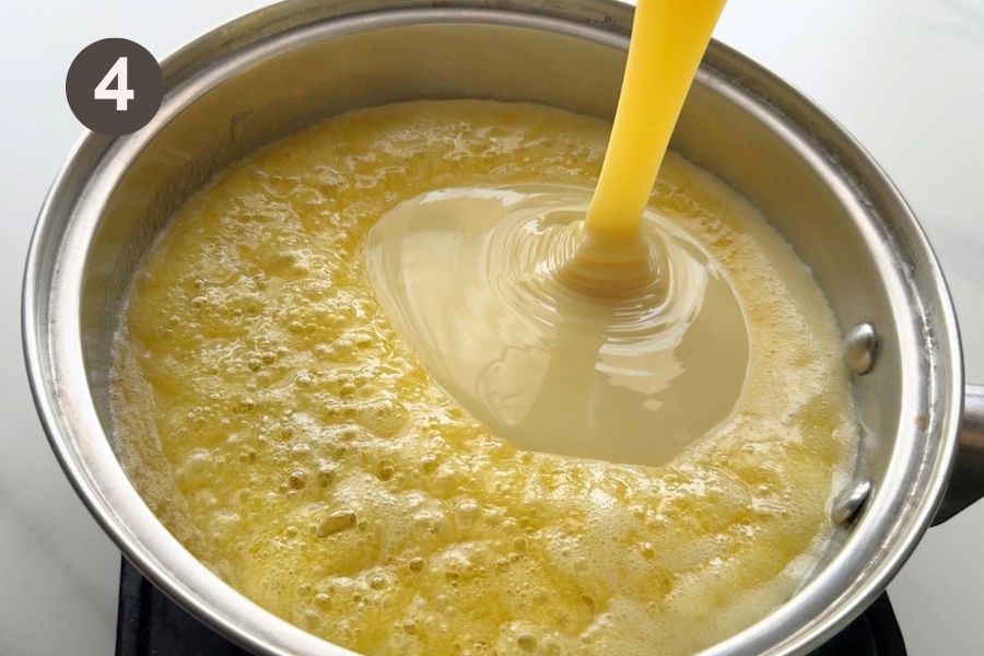 butter sugar condensed milk in pan caramel base