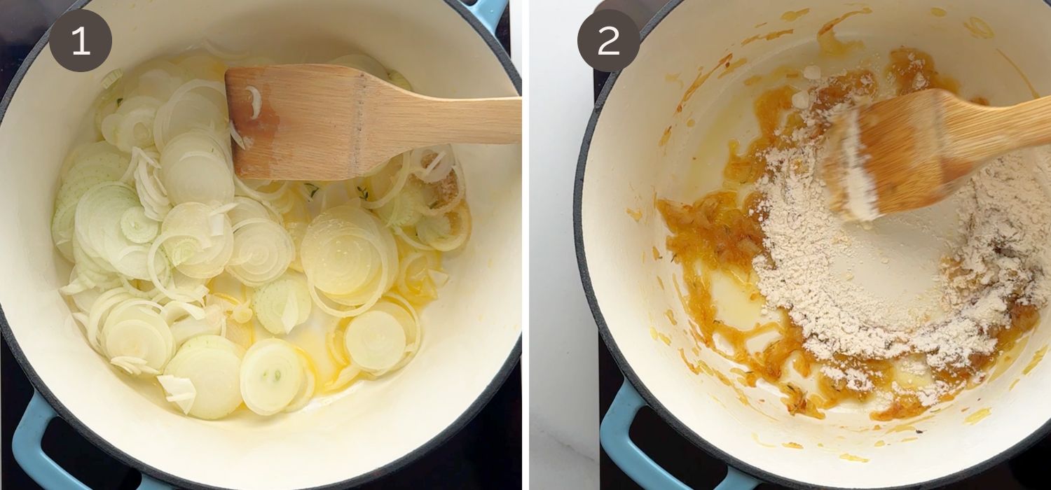 Step 1 and 2 showing sliced onions cooking in butter, then flour added to form the sauce base.