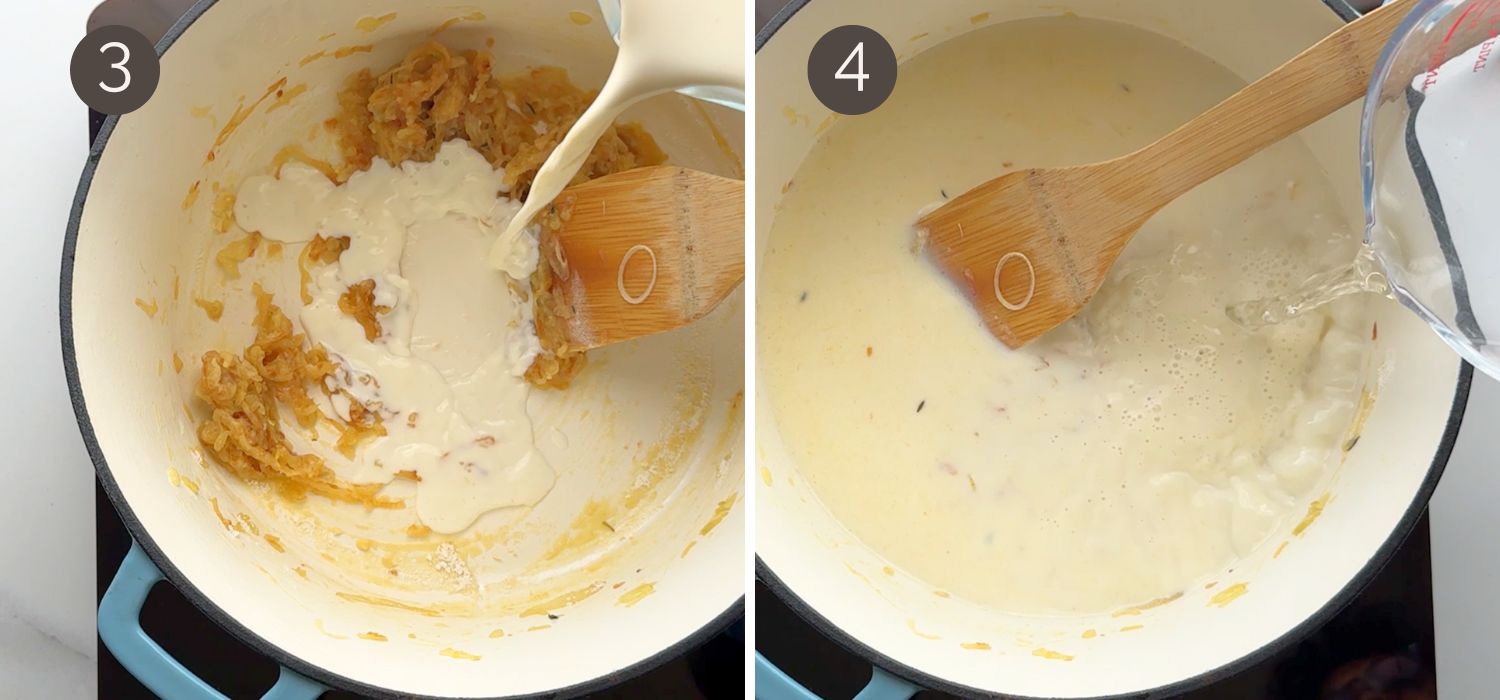 Step 3 and 4 showing milk and water being added to the pot with caramelized onions.