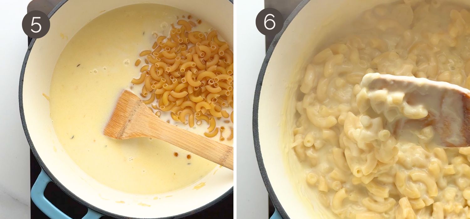 Step 5 and 6 showing dry macaroni added to the creamy liquid and cooked until tender.