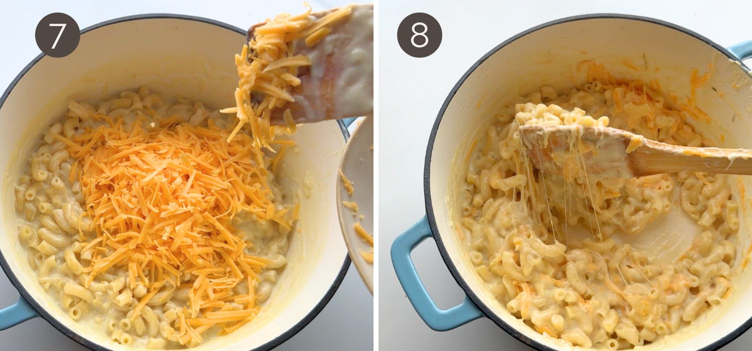 Step 7 and 8 showing cheese stirred into the cooked macaroni and the sauce turning rich and creamy.