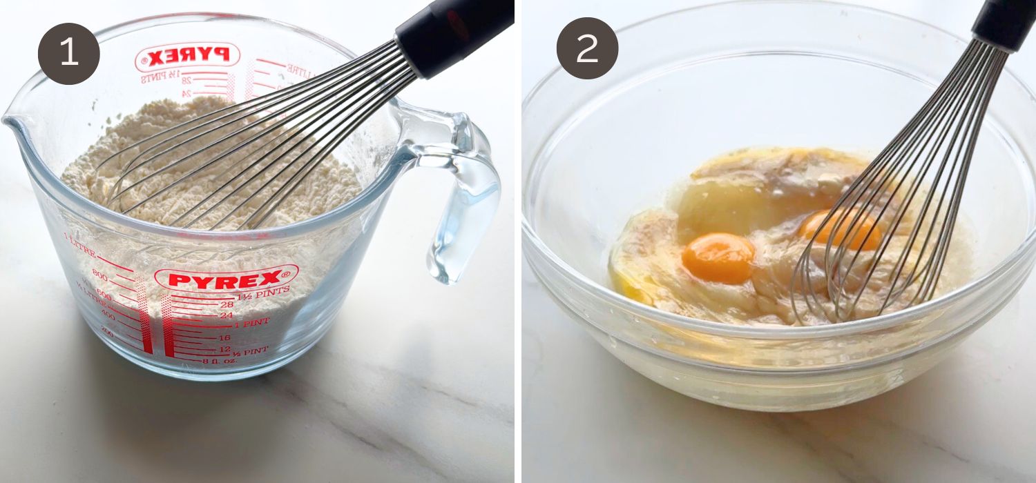 Mixing dry ingredients and whisking eggs for pear cake.
