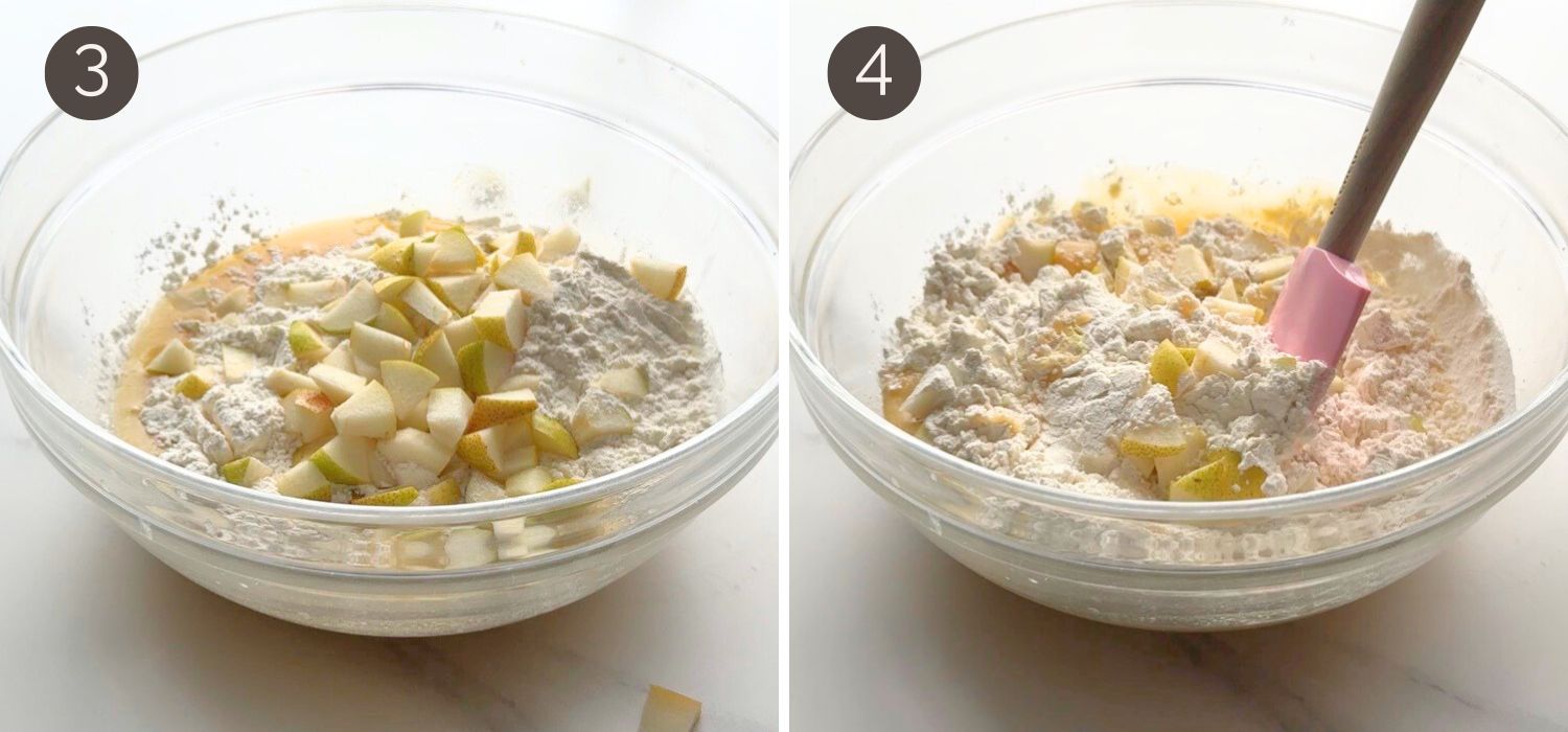 Folding chopped pears and dry ingredients into pear cake batter