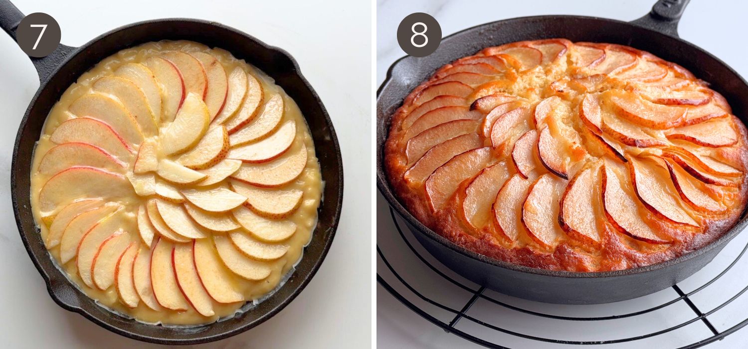 Pear cake before baking and baked golden pear cake in skillet