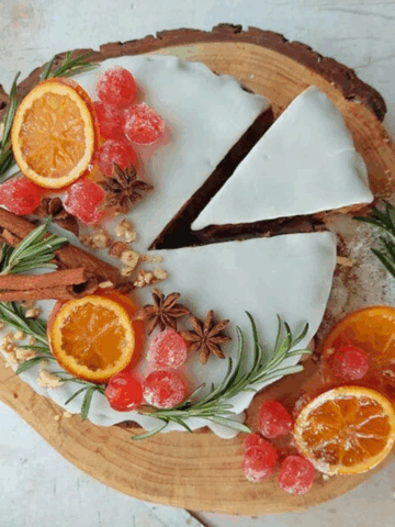 Easy Christmas Fruit Cake (no eggs-no butter) decorated on serving board